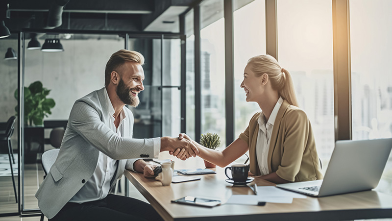 Partnering with smarter payments - two people shaking hands in a meeting