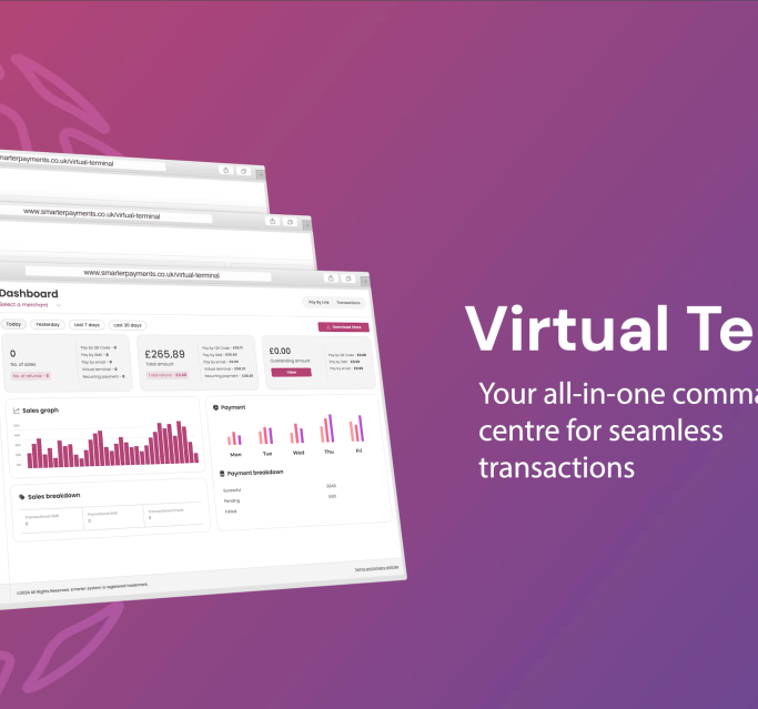 Smarter Payments Portal dashboard displaying the Virtual Terminal interface for remote card transactions